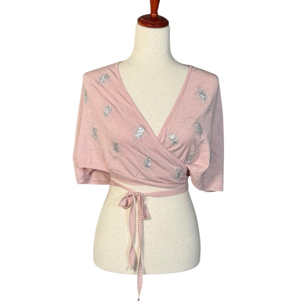 Vintage Noa Noa Pink Knit Wrap Cardigan Embellished Sequins Tie Front Ballet OS
